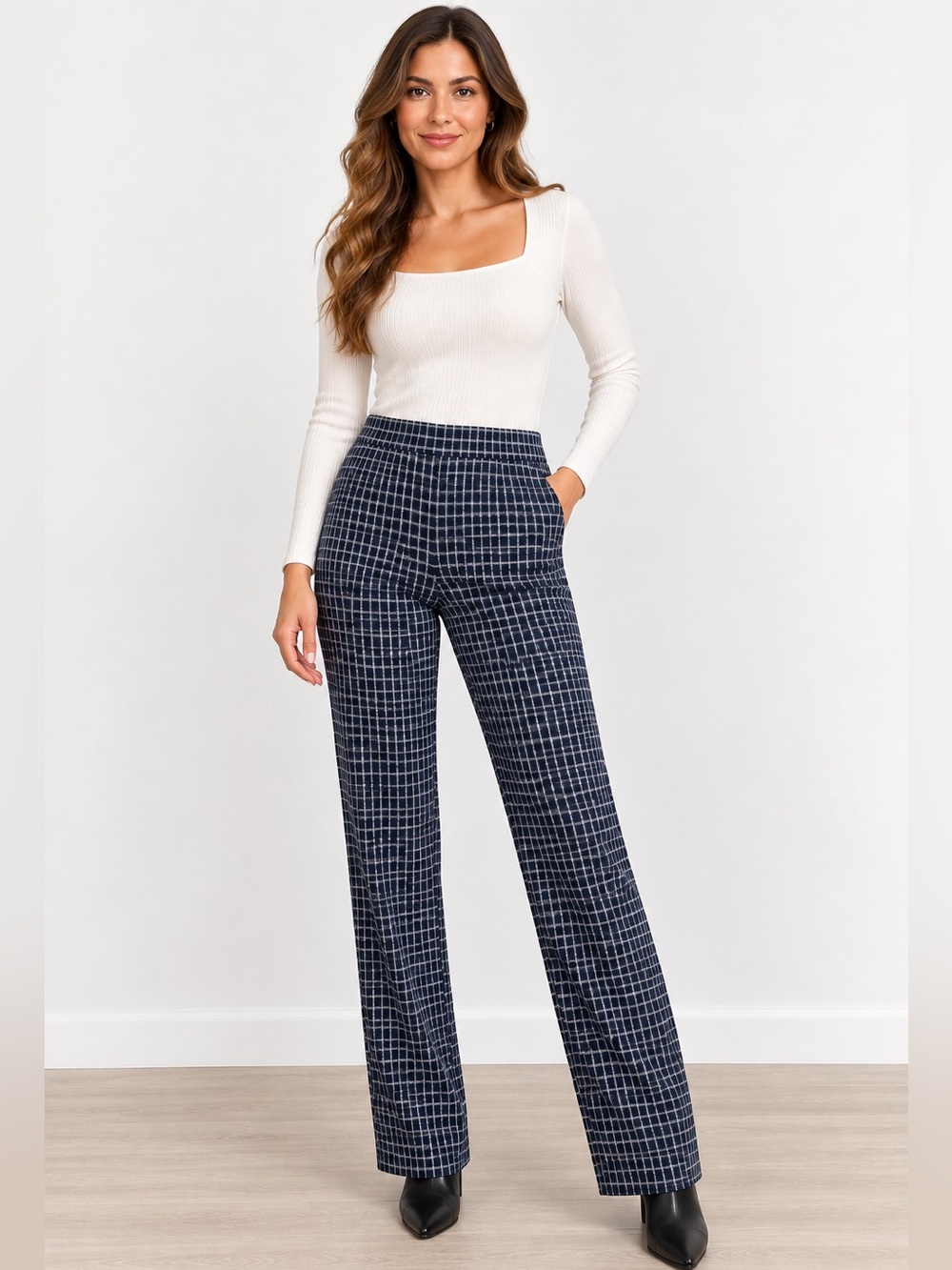 .Jill Ponte Navy White Slim Leg Plaid Pull On Pants Side Hem Slit Size L Preppy